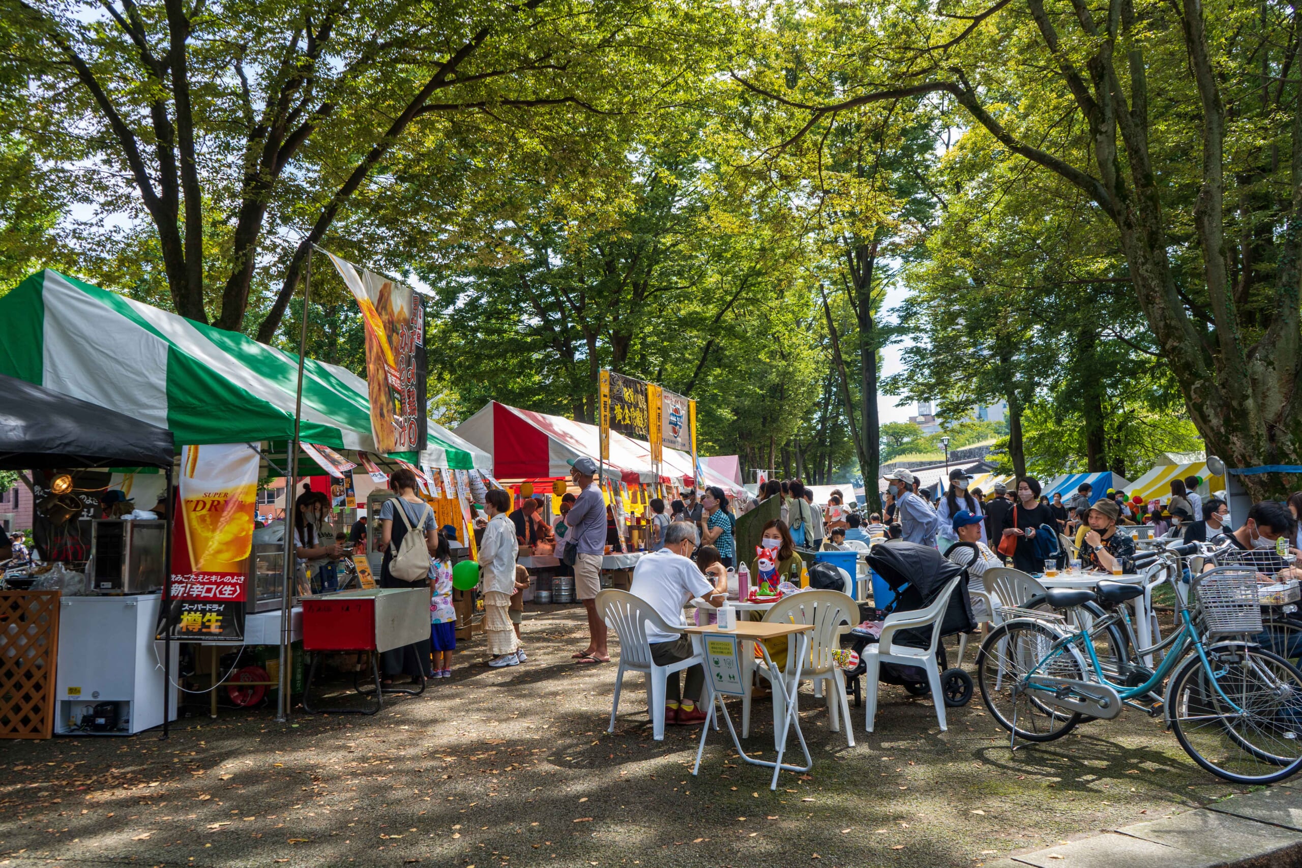 富山城址公園東側広場に飲食店のテントが並ぶ星空バザールの様子